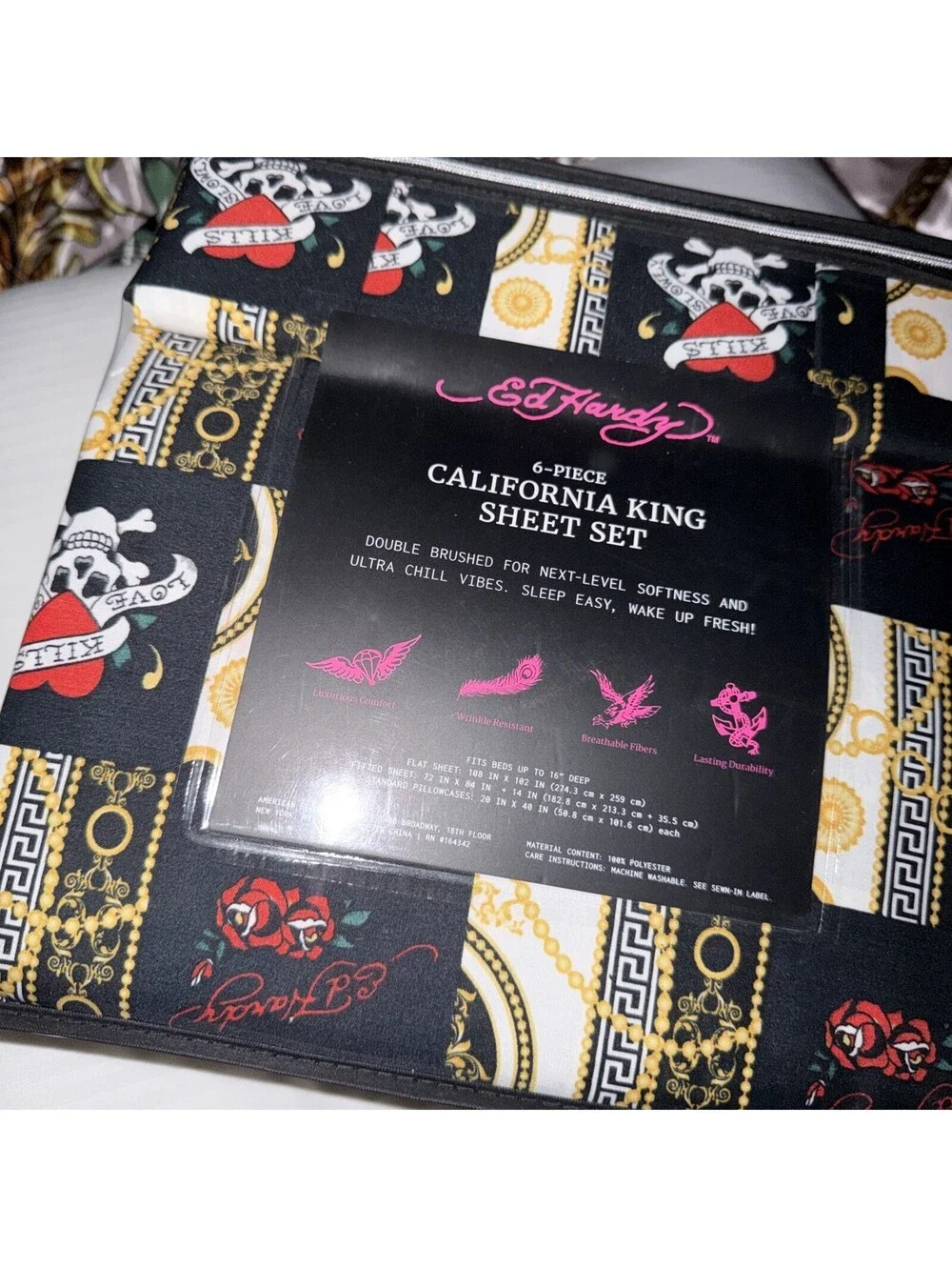Ed Hardy Black 6 pc Cal King Sheet Set Hearts, Skulls, Roses, w/4 Pillowcases